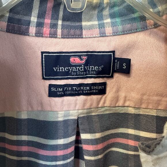 Vineyard Vines Slim Fit Tucker Shirt Men Pink Blue Plaid Cotton Blend Small - Picture 2 of 5